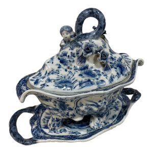 Early 19th Century Antique Lidded Tureen and Under Plate in Dutch Delft Style