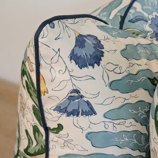 Brunschwig & Fils Riviere Print pillows in Aqua, with deep blue Samuel and Sons cord. 100% cotton Invisible zippers and...