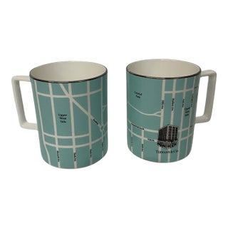 ModernTiffany and Co. New York Fifth Avenue Manhattan Map Mugs, Blue, Limited Edition - Pair For Sale