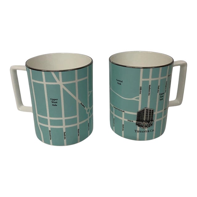 ModernTiffany and Co. New York Fifth Avenue Manhattan Map Mugs, Blue, Limited Edition - Pair For Sale