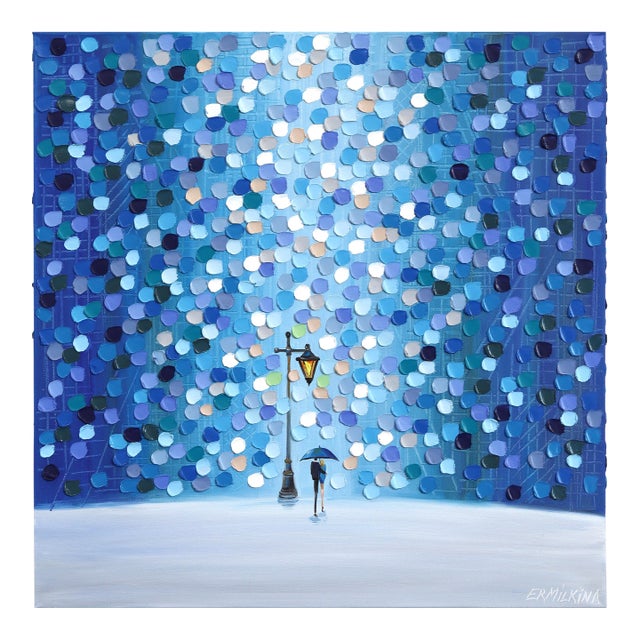 One Night - Original Blue Tone Figurative Abstract Textured Impasto Oil Painting by Ekaterina Ermilkina For Sale