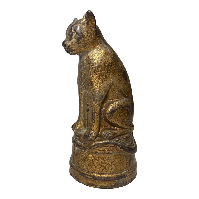 Antique 1900's Ac Williams Hand Painted Cast Iron Gold Circus Cat Still Bank For Sale