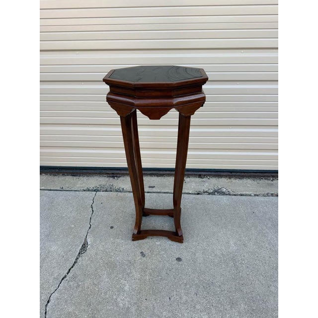 Late 20th Century Pair of Maitland Smith Chinoiserie Style Solid Mahogany Faux Marble Hexagonal Top Plant Stands For Sale - Image 5 of 9