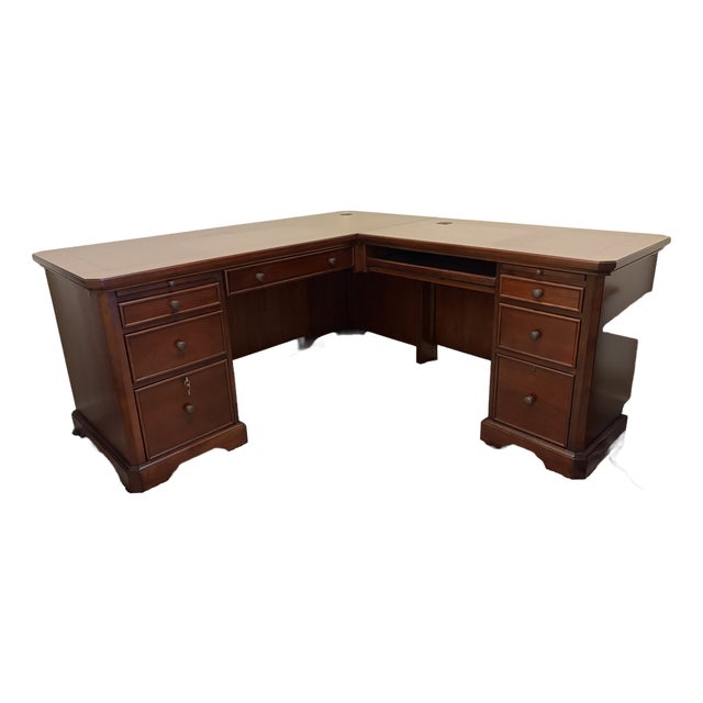 Late 20th Century Traditional Cherry Wood L-Shaped Executive Corner Desk With Integrated File Storage For Sale
