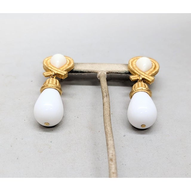 Modern Vintage 1980s Signed Givenchy Goldtone White Drop Clip Earrings-2 Pieces For Sale - Image 3 of 7