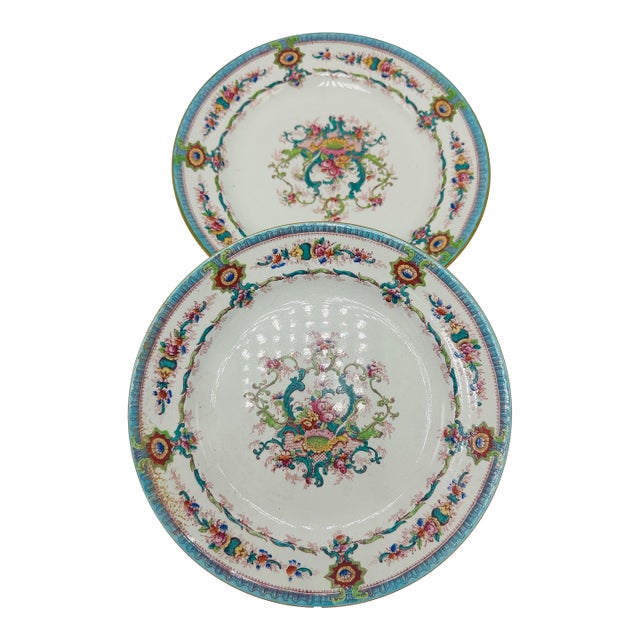 1920s Victorian Colorful Staffordshire Decorative Plates - a Pair For Sale