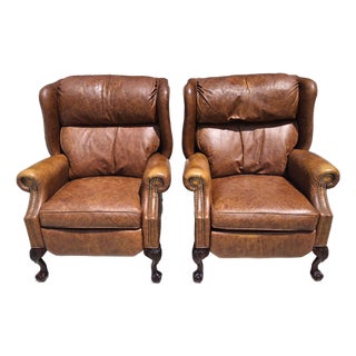 Vintage Motioncraft Chippendale Leather Wingback Recliners Ball & Claw Pair For Sale