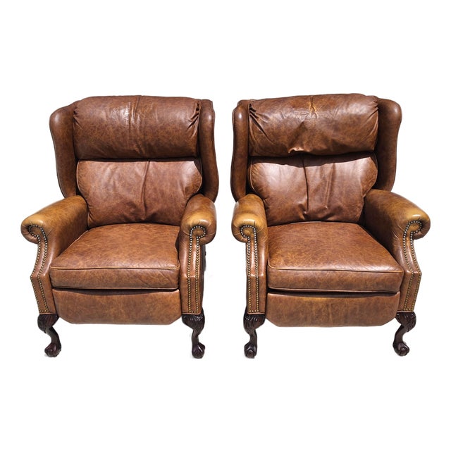 Vintage Motioncraft Chippendale Leather Wingback Recliners Ball & Claw Pair For Sale