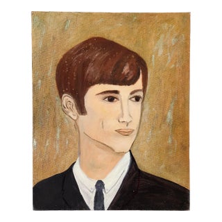 Vintage Acrylic Portrait Painting of a Young Man For Sale