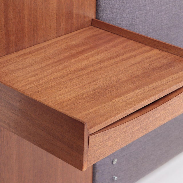 A Paul McCobb for Calvin Irwin Upholstered King Size Bed Teak Headboard With Brass Trim and Two Floating Drawers, Labeled in Drawer. For Sale In Philadelphia - Image 6 of 9