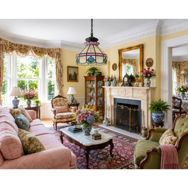 A charming Tiffany-style handcrafted ceiling lamp shade (shade only, needs wiring), beautifully composed of luminous slag...