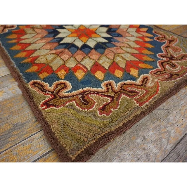 Excellent Multicolored With Unique Symmetrical Desing Forming a Star in the Center Antique American Hooked Rug For Sale - Image 12 of 13