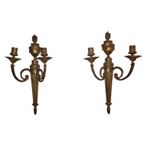 19th Century French Louis XVI Style Bronze Cast 2 Arms Sconces - a Pair