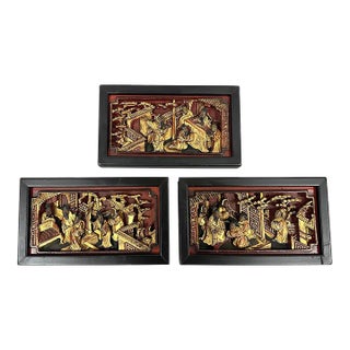 19th Century Chinese 3d Carving Wood Panels Hanging Architectural Element, Set of 3 For Sale