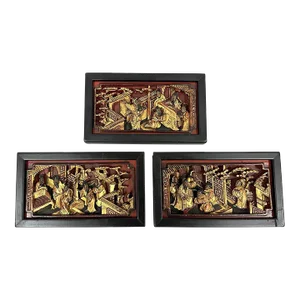 19th Century Chinese 3d Carving Wood Panels Hanging Architectural Element, Set of 3