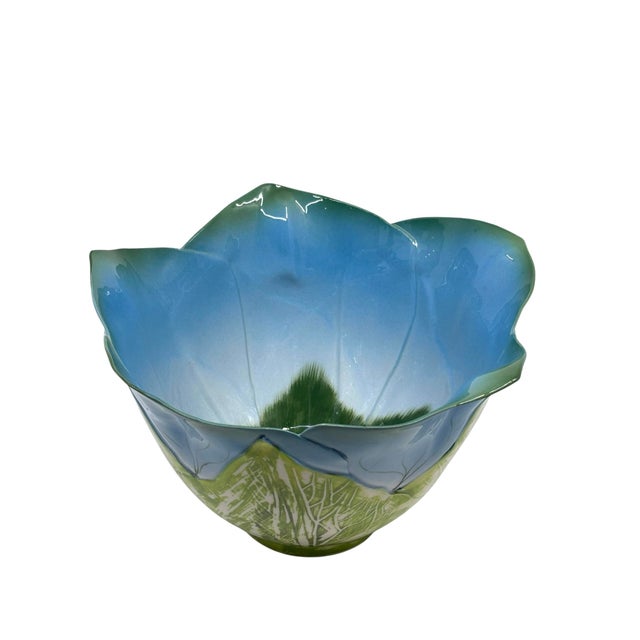 South African made Mustardseed and Moonshine ceramic flower bowl. Blue and green large bowl for display. Marked underside.