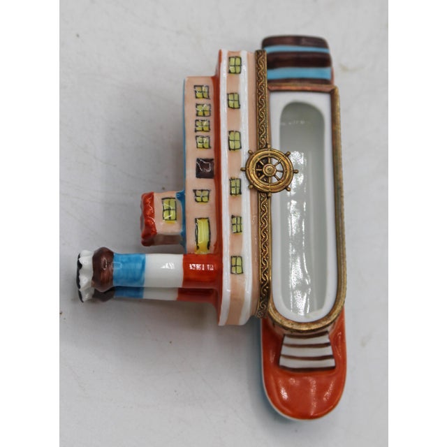Ceramic Vintage French Limoges Porcelain New Orleans Steamboat Form Trinket Box For Sale - Image 7 of 8