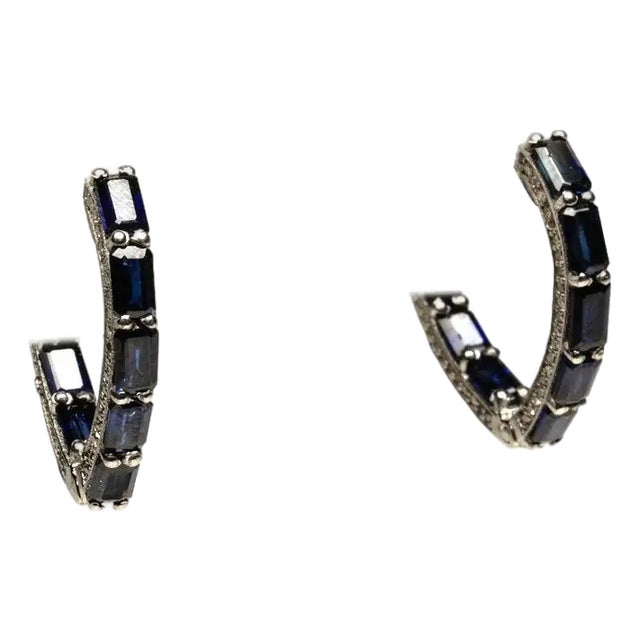 Blue Sapphire v-Shaped and Diamond Inside Out Hoops For Sale