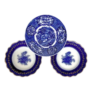 Antique English Flow Blue Wall Plates- Set of 3