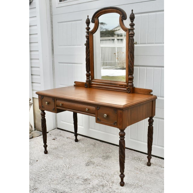 Traditional Antique Carved Mahogany Regency Style Vanity W/Mirror For Sale - Image 3 of 12