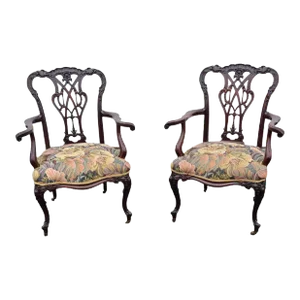 Pair of Antique English Chippendale Carved Mahogany Tapestry Upholstered Arm Chairs