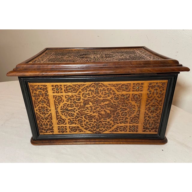 High Quality 1800's Antique Handmade Carved Wood Ornate Brass Jewelry Box Casket For Sale - Image 4 of 16