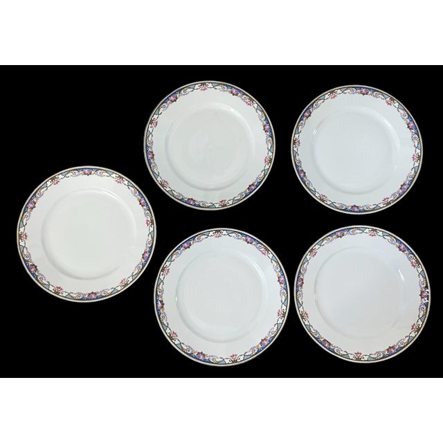 Vintage Epaig Dinner Plates. Gold Band Blue Garland, Pink Roses. Czech. Set of 10 For Sale - Image 4 of 7