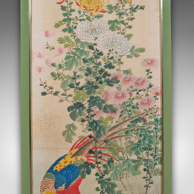 1930s 4' Tall Vintage Wall Panel, Oriental, Watercolour on Silk, Framed Art, Art Deco For Sale - Image 5 of 12