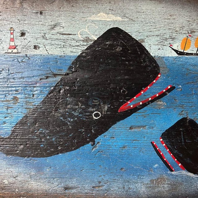 Steve Camps (b. 1957) ‘Scamps’ Oil Painting Of Two Whales & Ship On Antique Twin Handled Pine Chest Signed To Bottom Left...