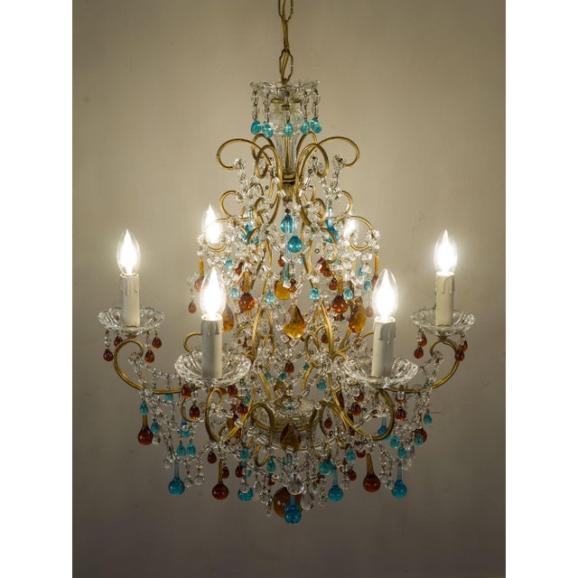 Mid-Century Modern Vintage Florentine 6-Light Chandelier in Gilded Iron with Crystals and Murano Glass Pendants, 1950s For Sale - Image 3 of 14