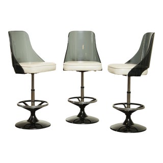 Mid Century Modern Smoked Lucite Chrome and Black set 3 Swivel Bar stools For Sale
