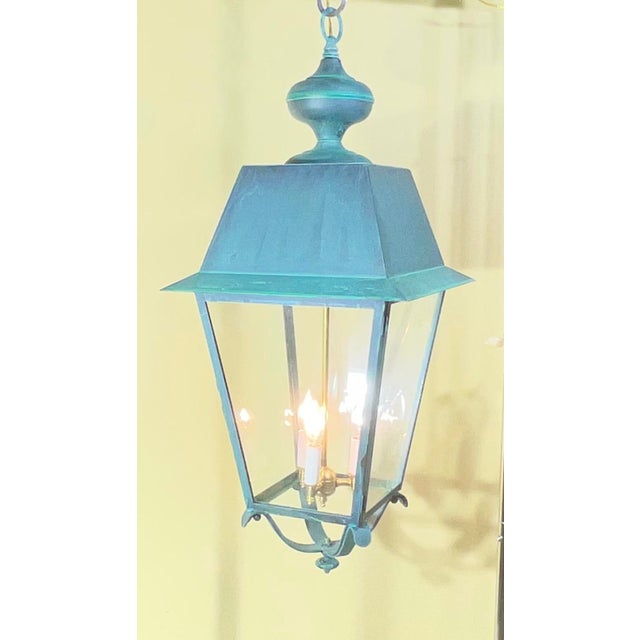 American Pair of Solid Verdigris Brass Hanging Lanterns. 14” X 14” X 33” For Sale - Image 3 of 16
