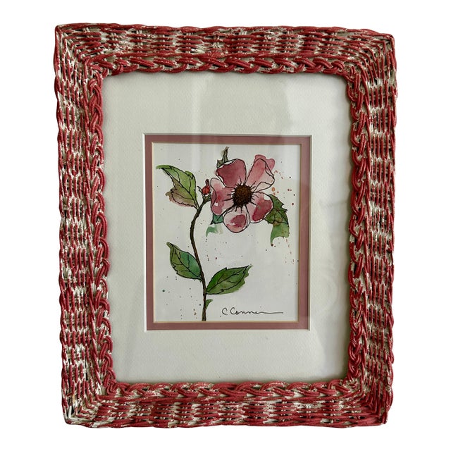 Original watercolor painting framed in a pink vintage wicker frame. Pink flower painting with mat and frame and glass...