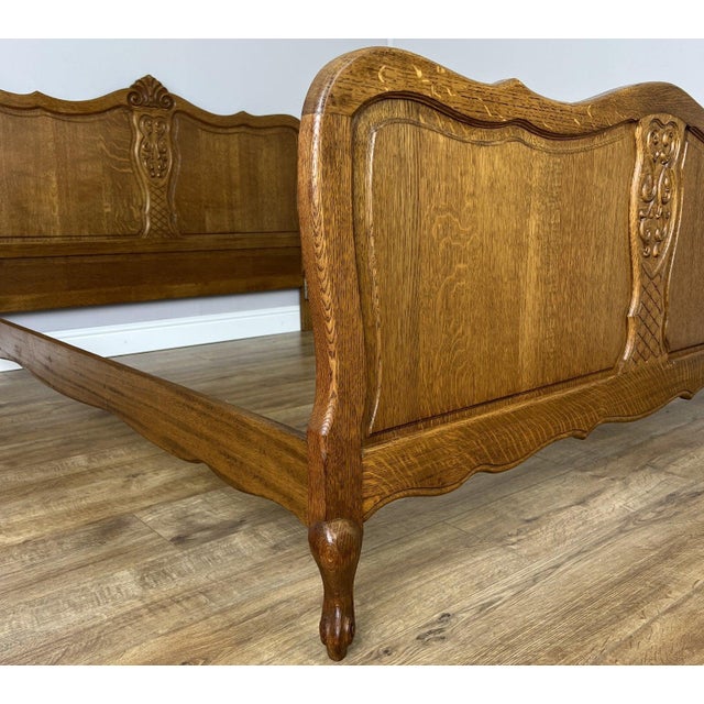 Vintage French Louis XVI Oak Double Bed Frame with Carved Headboard For Sale - Image 10 of 13