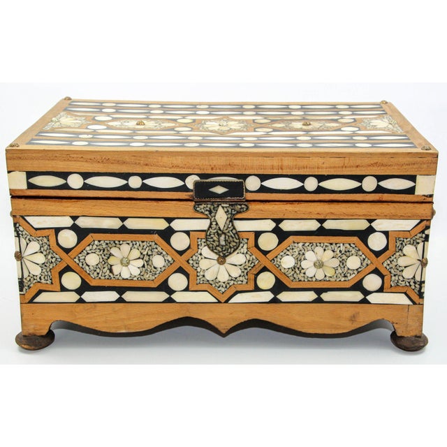 Moroccan Dowry Box Inlaid With White Camel Bone Rectangular Carved Wood Trunk For Sale - Image 4 of 12