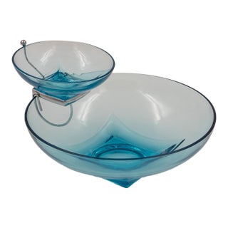 Hazel-Atlas Capri Blue Colony Pattern Chip and Dip Set With Chrome Rack, Circa 1950s For Sale