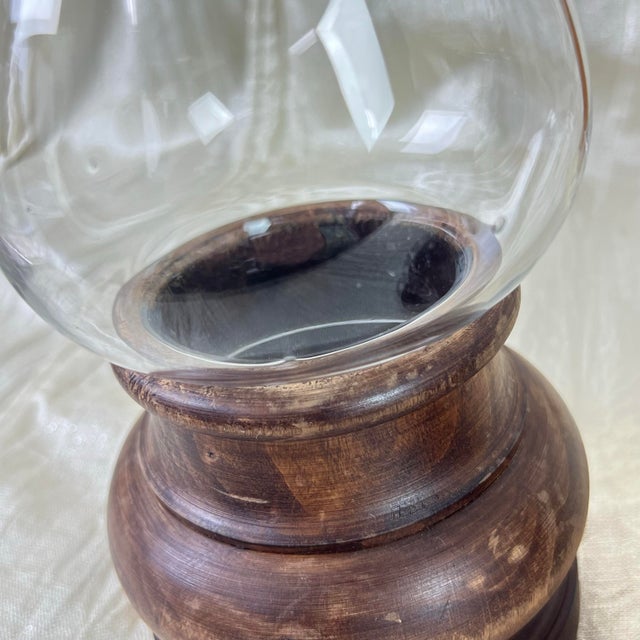 Pair Vintage Italian Wood & Blown Glass Hurricane Candle Holders For Sale - Image 11 of 12