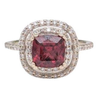 1.8Ct Rhodolite Ring With Earth Mined Diamonds: Solid 14k Gold, Cushion Cut 6mm, Size 6.75 For Sale