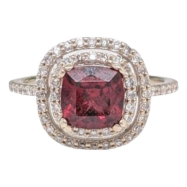 1.8Ct Rhodolite Ring With Earth Mined Diamonds: Solid 14k Gold, Cushion Cut 6mm, Size 6.75 For Sale