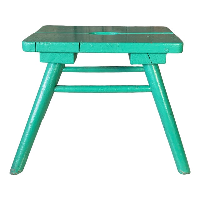 French Brutalist Wooden Stool in Green Paint, 1950s For Sale