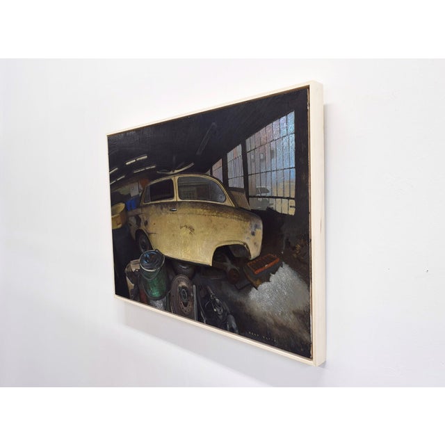 American 8th and Watts by Brad Davis | Oil on wood panel of a vintage car in a garage setting For Sale - Image 3 of 5