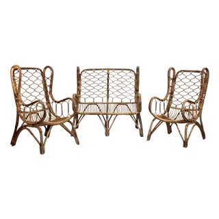 Rattan and Bamboo Living Room Set, 1970s, Set of 3 For Sale