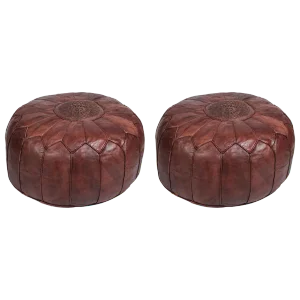 Large Brown Moroccan Hand Tooled Leather Poufs Ottomans - a Pair