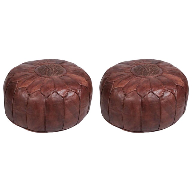 Pair Of Large Brown Moroccan Hand Tooled Leather Poufs Ottomans Chairish