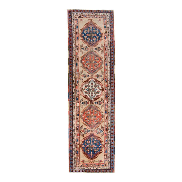 1900s Antique Geometric Medallion Hand-Knotted Wool Runner - 3′7″ × 12′7″ For Sale