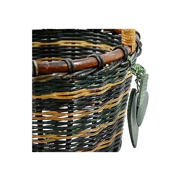 Mid 20th Century Green Woven Rattan Basket For Sale - Image 5 of 7
