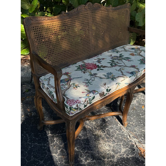 Brown 1940s Century Furniture French Provincial Cane-Back Bench With Carved Wood Frame and Floral Upholstered Seat For Sale - Image 8 of 10