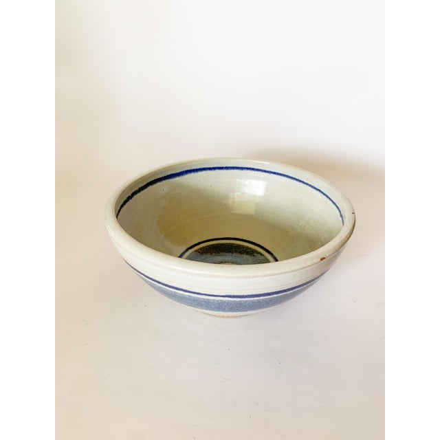 American Vintage Large Studio Pottery Blue Striped Bowl For Sale - Image 3 of 12