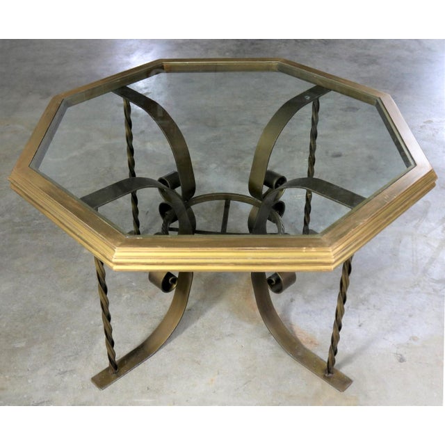 Hollywood Regency Wrought Iron Dining Table with Octagon Gilded Wood Rimmed Glass Top For Sale - Image 11 of 12