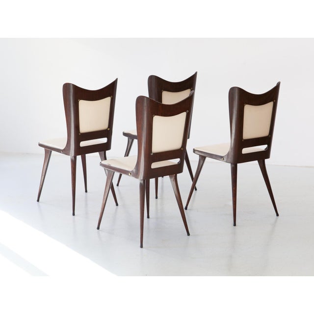 Mid-Century Modern Vintage Italian Beige Skai and Wood Dining Chairs, 1950s, Set of 4 For Sale - Image 3 of 7